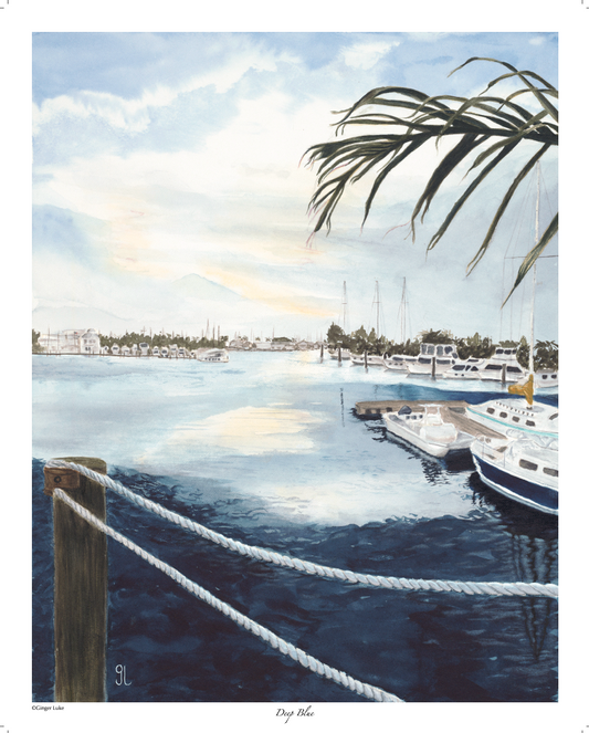 Marina watercolor giclee print with sun/clouds deep blue 