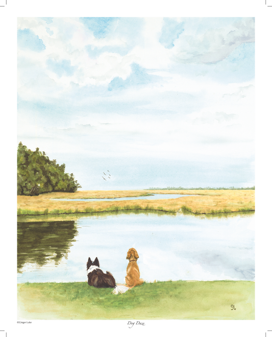 Marsh and river landscape with dogs, coastal wall art print