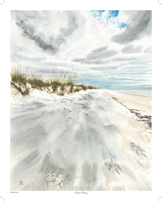 Ocean breeze watercolor wall art print with mat, seascape watercolor, ocean scene, sand dunes