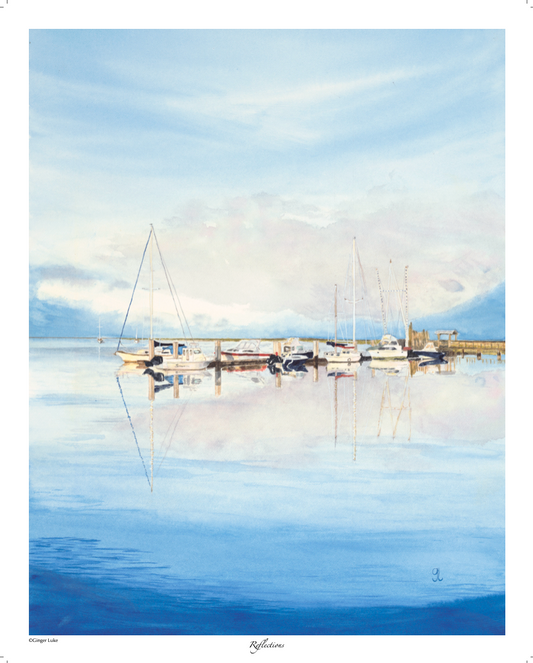 Marina watercolor wall art, Fine art giclee, boats reflections print, blue waterfront wall art